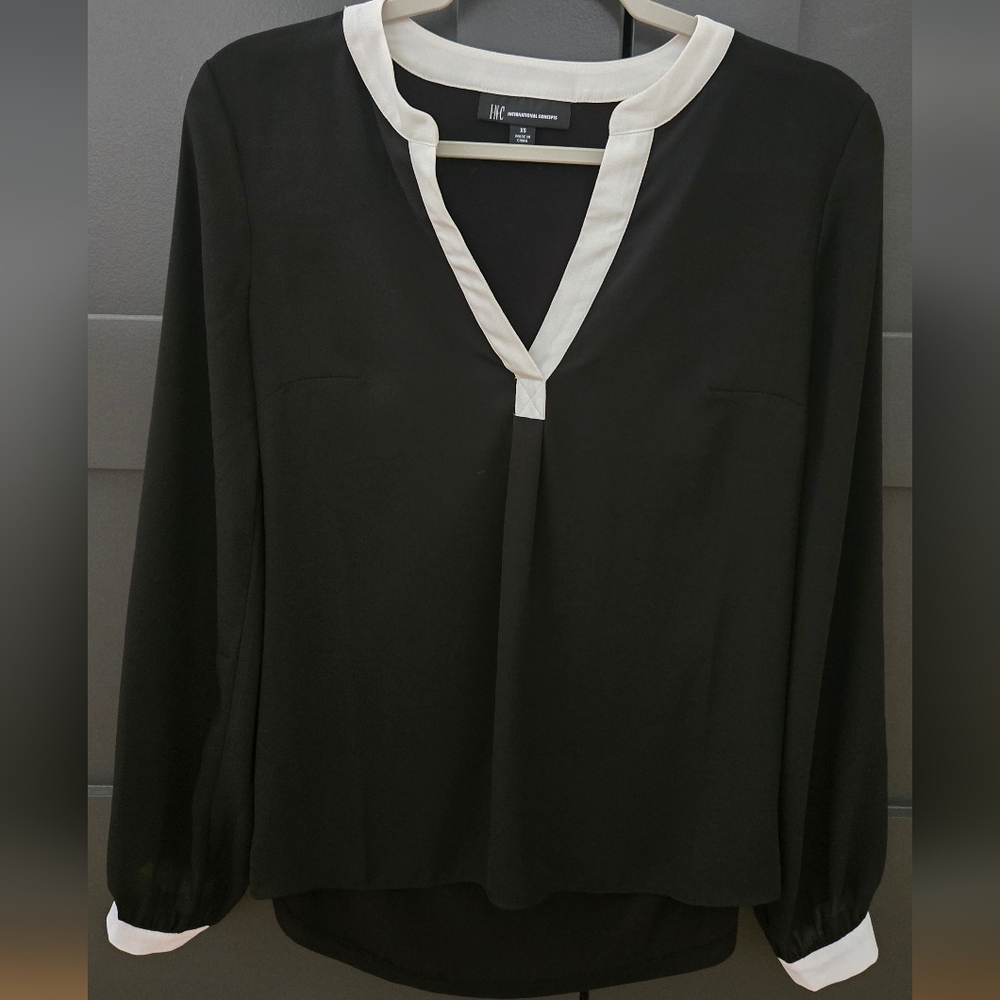 INC International Concepts Black and White Mixed Media Long Sleeve Blouse